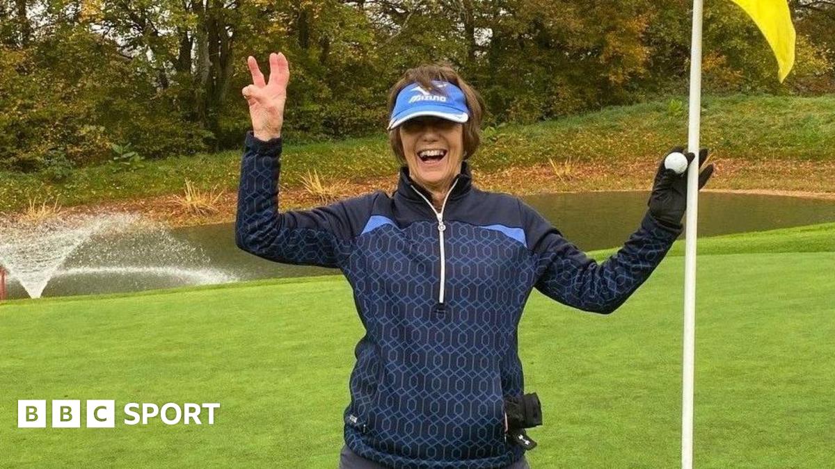 Lyn Parry: Amateur golfer aged 74 makes three holes-in-one within a month Lyn Parry holds up three fingers and a flag to celebrate her hole-in-one treble success