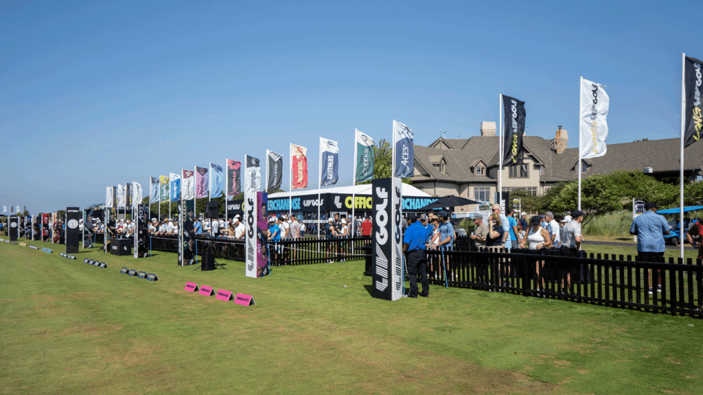 LIV Golf Trademark Filings Hint At New Teams And Rebranding A general view of the driving range at LIV Golf Chicago with flags of all 13 teams flapping about behind the range