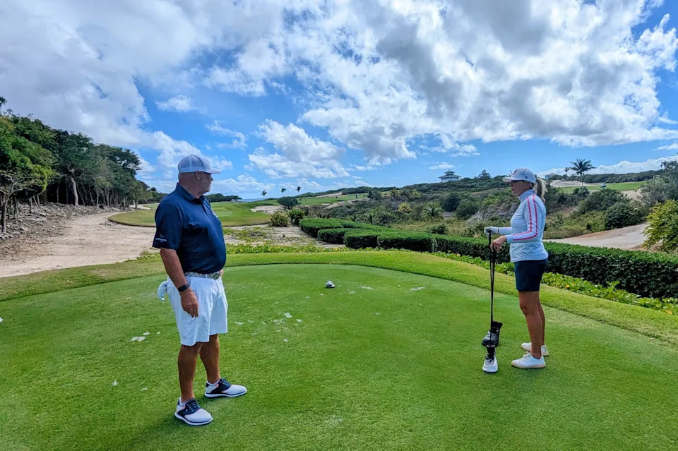 Darren Clarke serves up a lesson to a Golfweek rater at the Abaco Club.