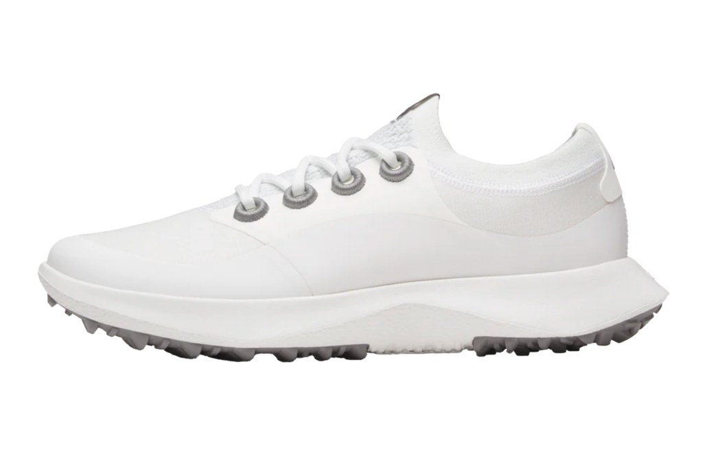 A white and gray golf shoe.