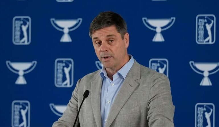 PGA Tour CEO Brian Rolapp speaks before a practice round of the Tour Championship golf tournament, Wednesday, Aug. 20, 2025, in Atlanta. (AP Photo/Mike Stewart)