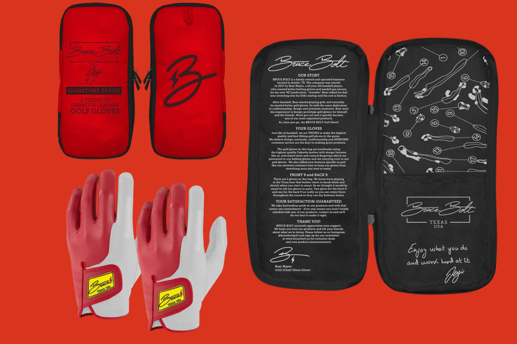 Red and white Bruce Bolt golf gloves displayed next to a red case with Bruce Bolt branding and a black case detailing the company's story, golf glove features, and a map of golf holes.
