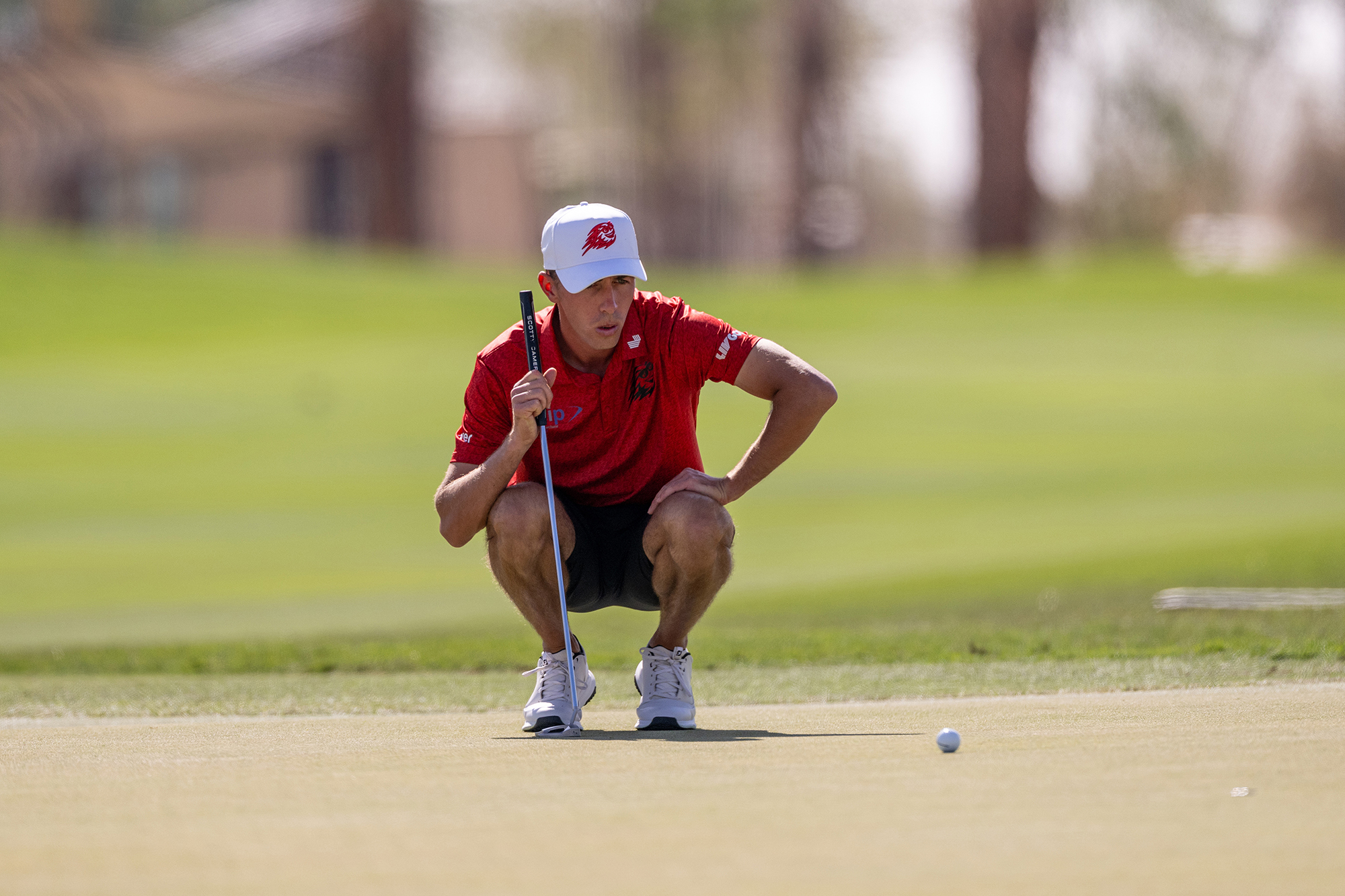David Puig crouching to read a putt