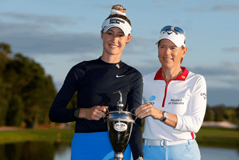 Nelly Korda and Annika Sorenstam pose with The Annika trophy after the former's win in 2024
