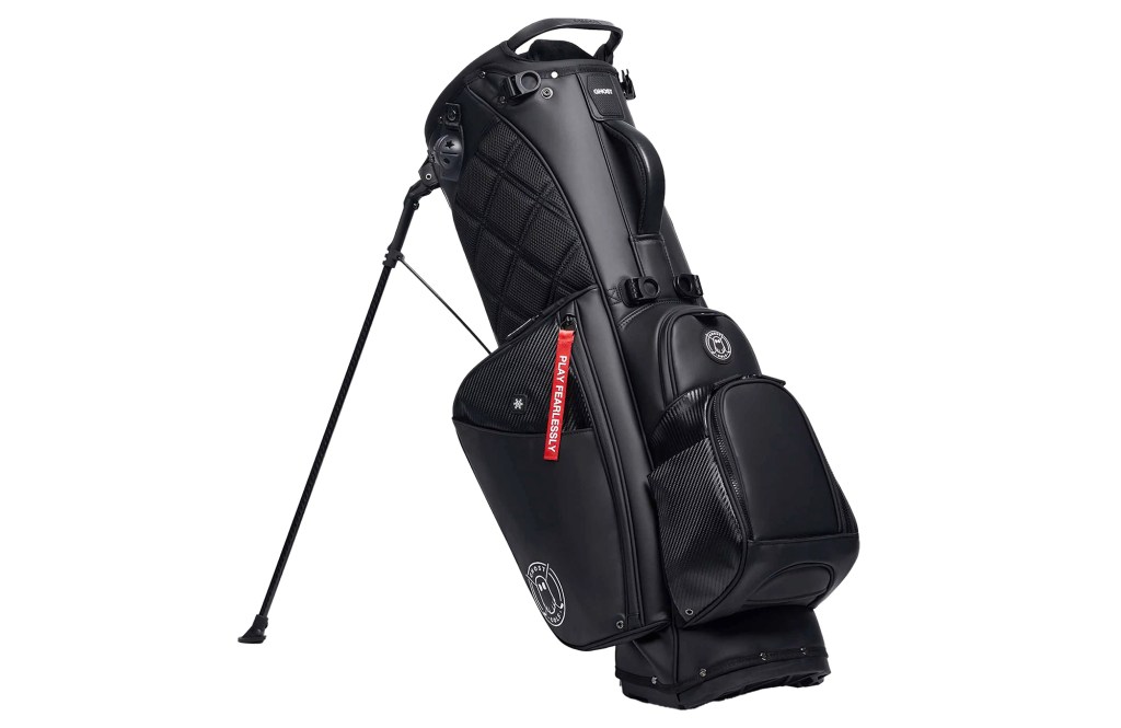 Black golf stand bag with multiple pockets.