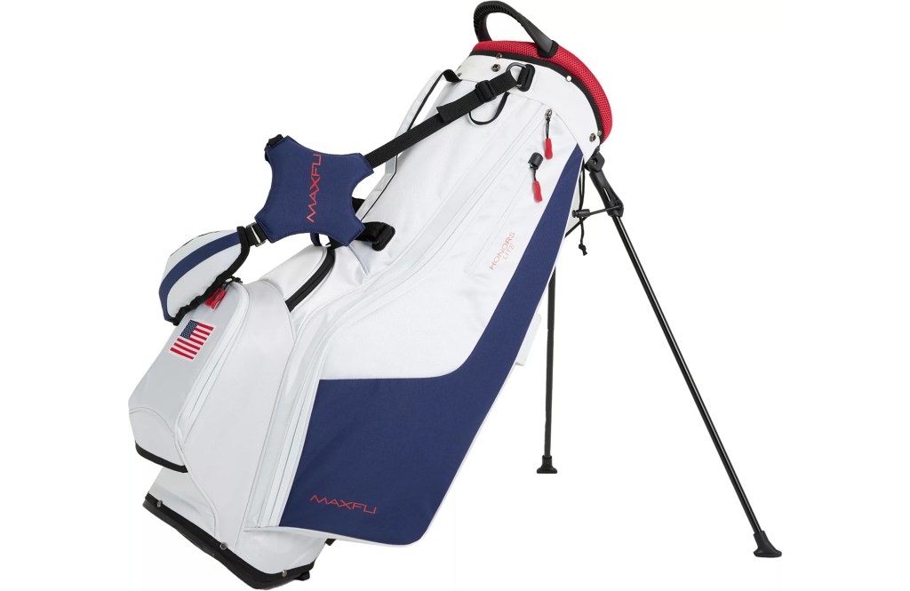 Maxfli Honors Lite Stand Bag, white with red and blue accents, and an American flag patch.