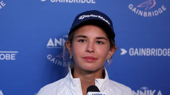 Kai Trump talks to media after the first round of The ANNIKA golf tournament at Pelican Golf Club. (IMAGN IMAGES via Reuters Connect)