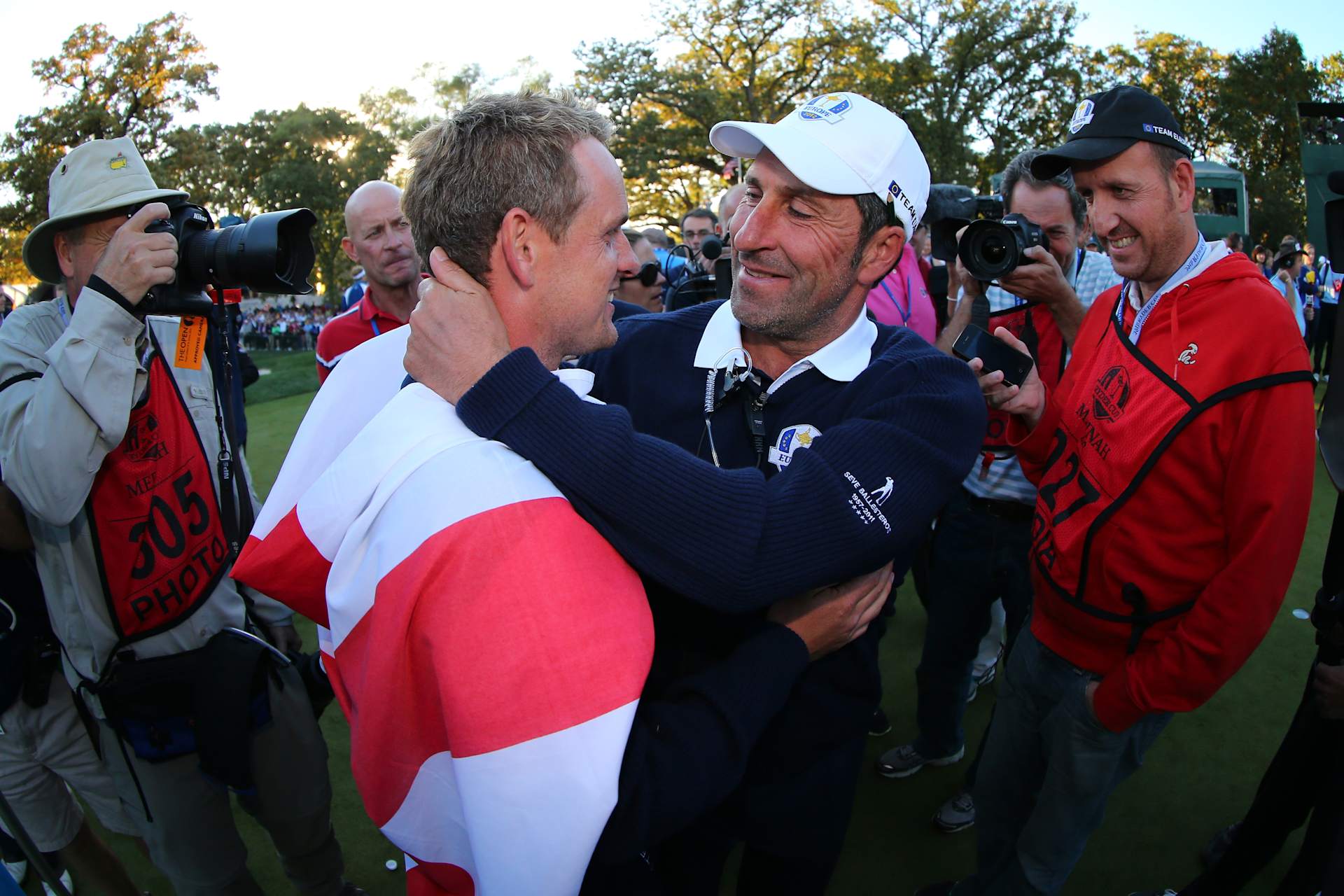 MEDINAH, IL - SEPTEMBER 30:  Luke Donald of Europe and Europe captain Jose Maria Olazabal celebrate after Europe defeats the United States at The 39th Ryder Cup at Medinah Country Club on September 30, 2012 in Medinah, Illinois.  (Photo by Mike Ehrmann/Getty Images)