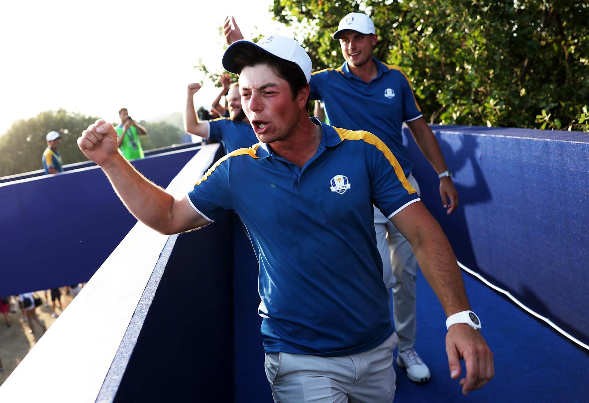 ROME, ITALY - OCTOBER 01: Viktor Hovland of Team Europe celebrates victory following the Sunday singles matches of the 2023 Ryder Cup at Marco Simone Golf Club on October 01, 2023 in Rome, Italy. (Photo by Naomi Baker/Getty Images)