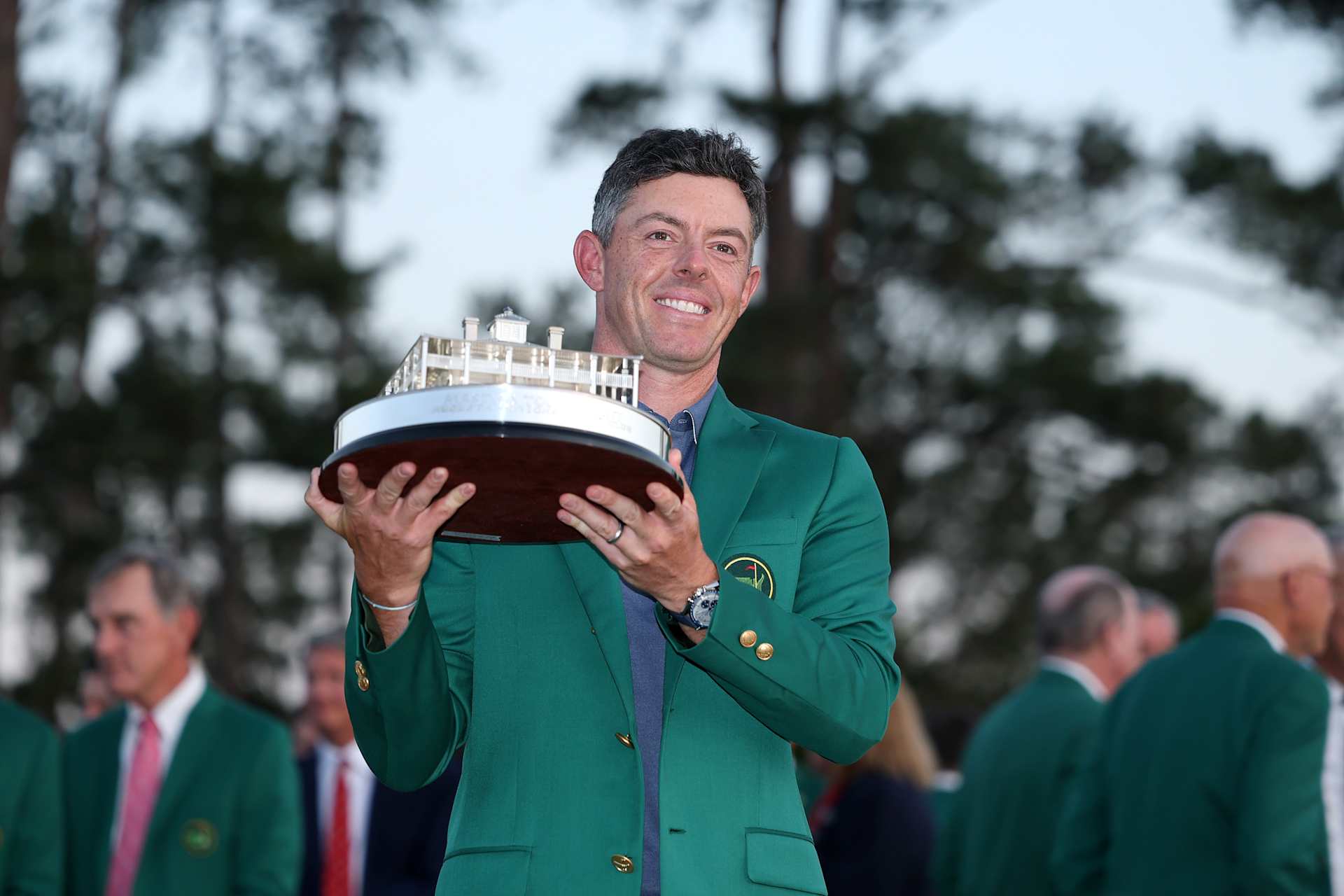 AUGUSTA, GEORGIA - APRIL 13: Rory McIlroy of Northern Ireland poses with the Masters trophy during the Green Jacket Ceremony after winning the 2025 Masters Tournament at Augusta National Golf Club on April 13, 2025 in Augusta, Georgia. (Photo by Richard Heathcote/Getty Images)