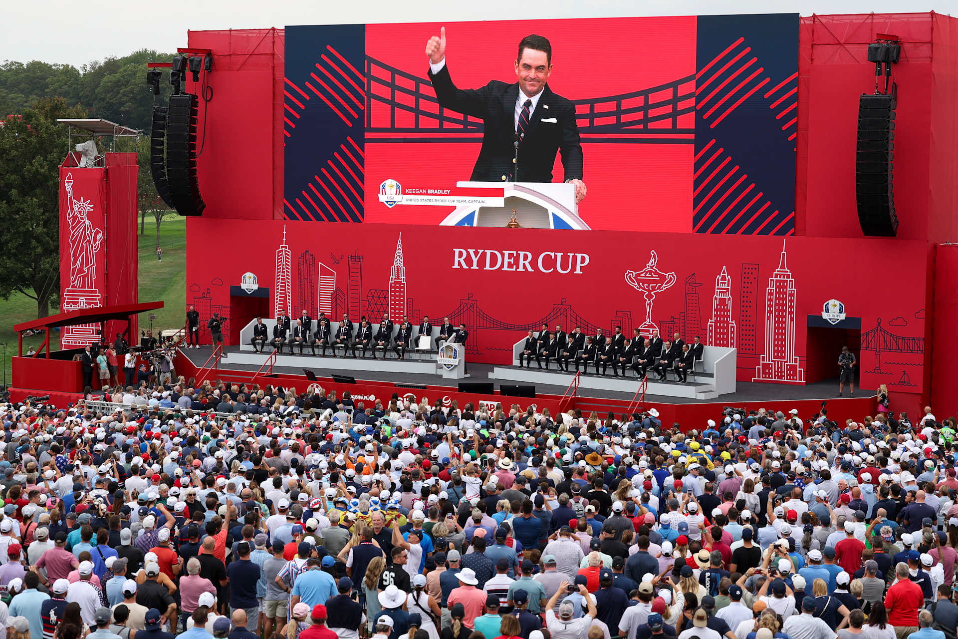 FARMINGDALE, NEW YORK - SEPTEMBER 24: Captain Keegan Bradley of Team United States speaks to the crowd during the opening ceremony for the 2025 Ryder Cup at Black Course at Bethpage State Park Golf Course on September 24, 2025 in Farmingdale, New York. (Photo by Jamie Squire/Getty Images)