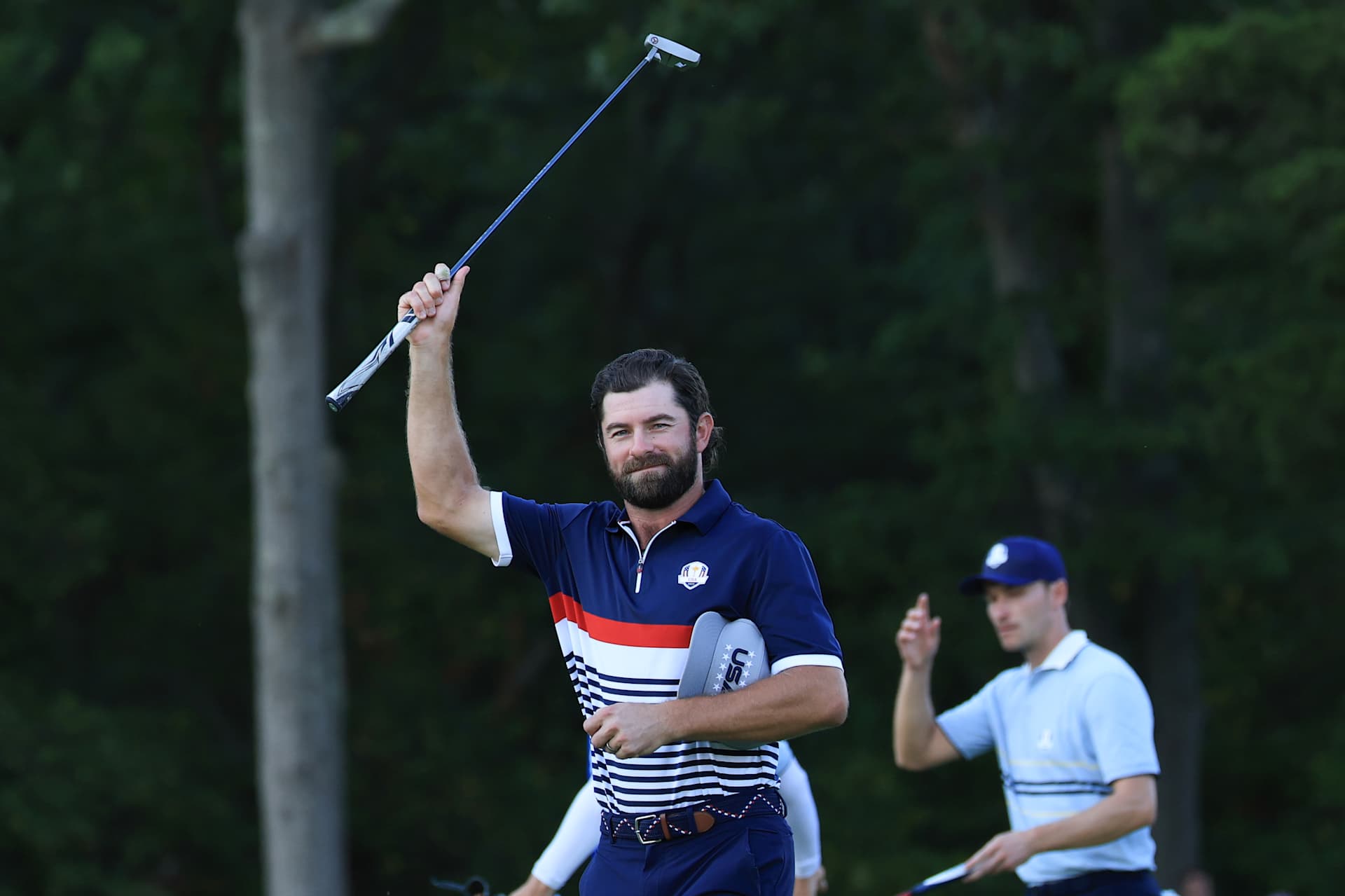 FARMINGDALE, NEW YORK - SEPTEMBER 26:   Cameron Young of the United States celebrates on the 13th green during the Friday afternoon four-ball matches of the 2025 Ryder Cup at Black Course at Bethpage State Park Golf Course on September 26, 2025 in Farmingdale, New York. (Photo by David Cannon/Getty Images)