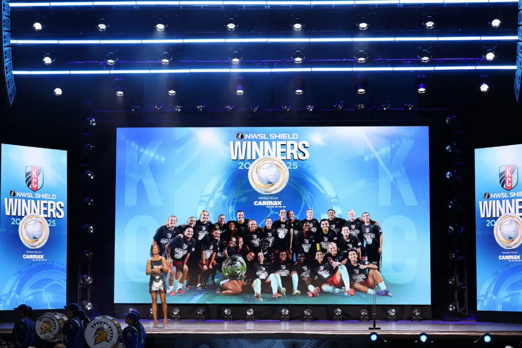 Host Jordan Angeli speaks during the 2025 NWSL Awards Presented by AT&T at Montgomery Theater on November 19, 2025 in San Jose, California.  