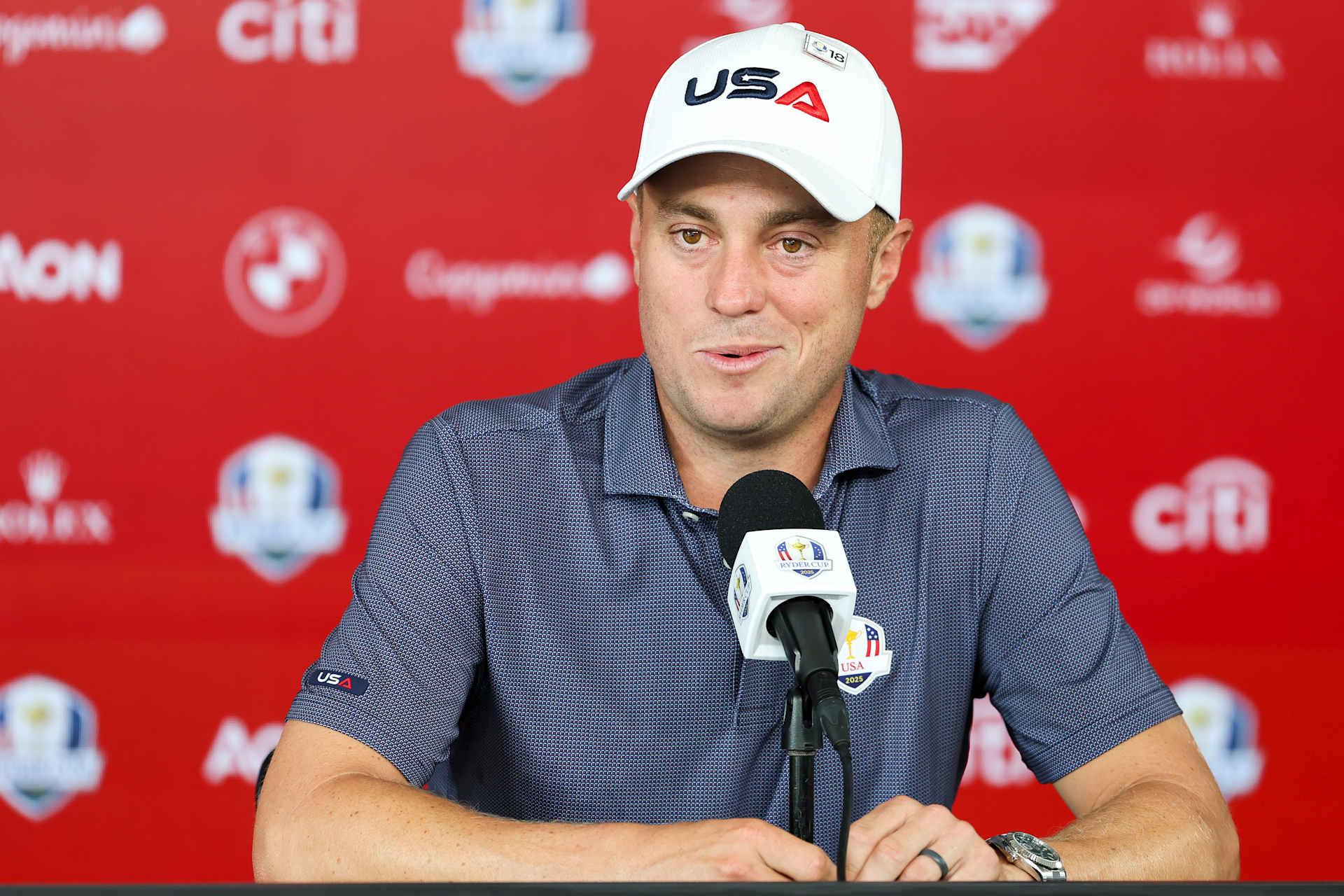 FARMINGDALE, NEW YORK - SEPTEMBER 23: Justin Thomas of Team United States speaks to the media prior to the Ryder Cup 2025 at Black Course at Bethpage State Park Golf Course on September 23, 2025 in Farmingdale, New York. (Photo by Jamie Squire/Getty Images)