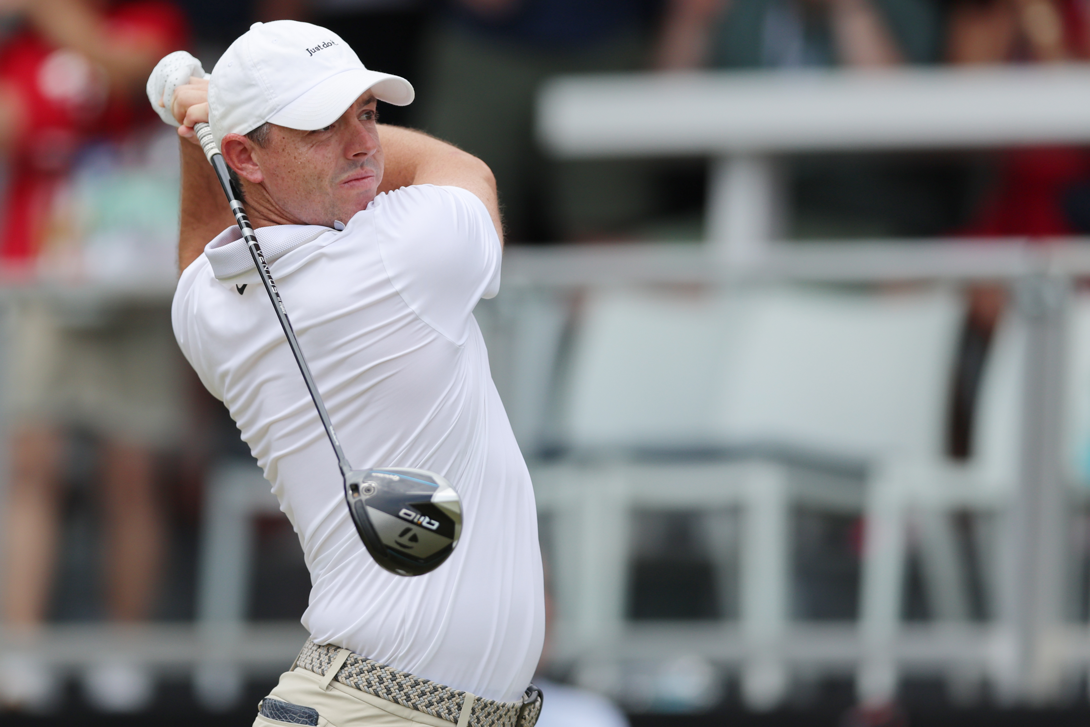 Rory McIlroy hits a driver off the tee