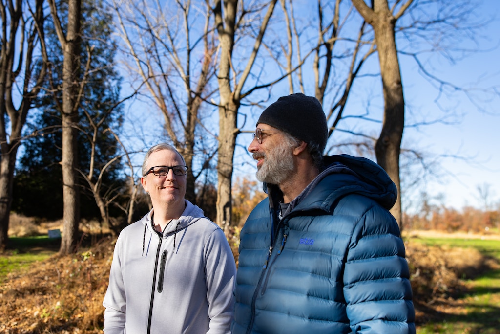 Tim Kovacs and Nathaniel Pearlman, local disc golf players and friends from Washington, D.C., try out the Northwest Branch Disc Golf Course for the first time in Cloverly, MD on November 17, 2025.