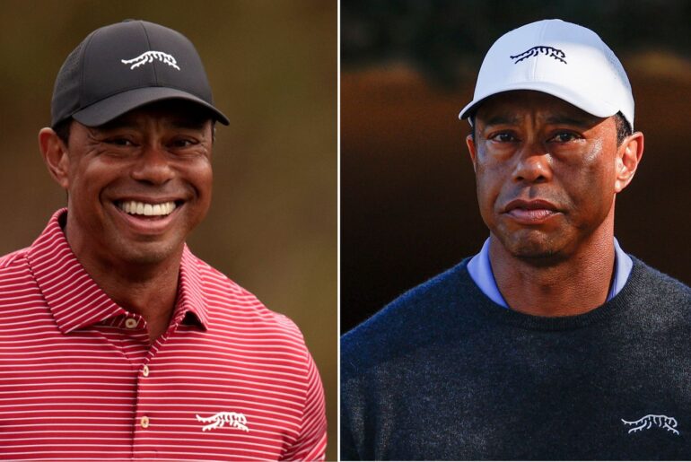 (left) Tiger Woods smiling while wearing a red Sun Day Red polo top and (right) Woods looking serious in a white Sun Day Red cap and black sweater