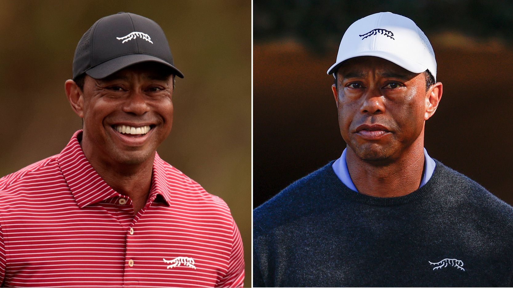 Is This Finally The End Of Tiger Woods’ Competitive Golf Career? (left) Tiger Woods smiling while wearing a red Sun Day Red polo top and (right) Woods looking serious in a white Sun Day Red cap and black sweater