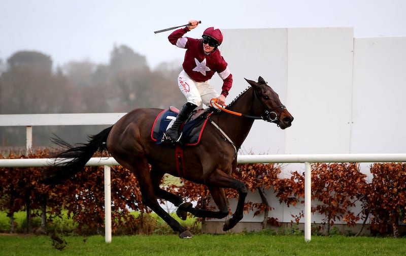 Sam Ewing celebrates onboard Brighterdaysahead after winning The Neville Hotels Hurdle at Leopardstown last December. Photograph: Ryan Byrne/Inpho