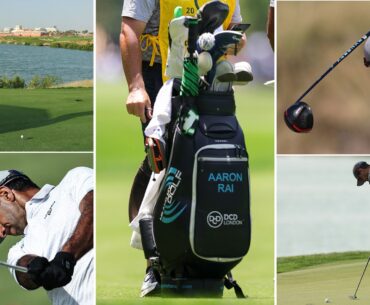Aaron Rai's golf bag in the middle, with various images around