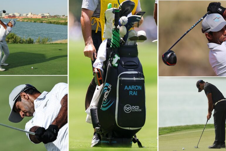 Aaron Rai's golf bag in the middle, with various images around