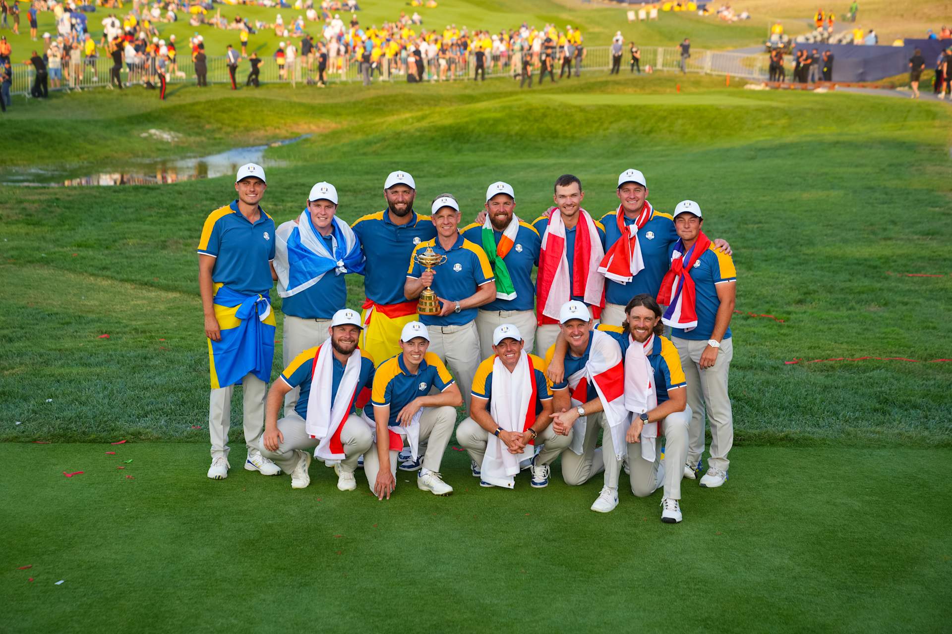ROME, ITALY - OCTOBER 01: (L-R Back Row) Ludvig Åberg, Robert MacIntyre, Jon Rahm, Captain Luke Donald, Shane Lowry, Nicolai Højgaard, Sepp Straka, Viktor Hovland (L-R Front Row) Tyrrell Hatton, Matt Fitzpatrick, Rory McIlroy, Justin Rose, and Tommy Fleetwood of Team Europe pose after winning The Ryder Cup at Marco Simone Golf & Country Club on Sunday, October 1, 2023 in Rome, Italy. (Photo by Darren Carroll/PGA of America)