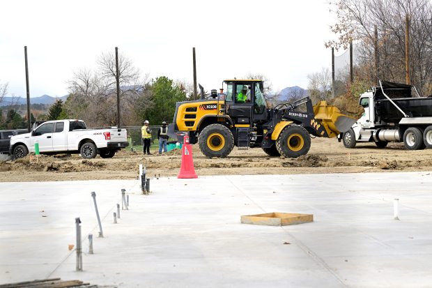 LOVELAND, CO - NOVEMBER 3, 2025:  A construction crew works on a new maintenance building Monday, Nov. 3, 2025, at The Olde Course in Loveland.    (Jenny Sparks/Loveland Reporter-Herald)