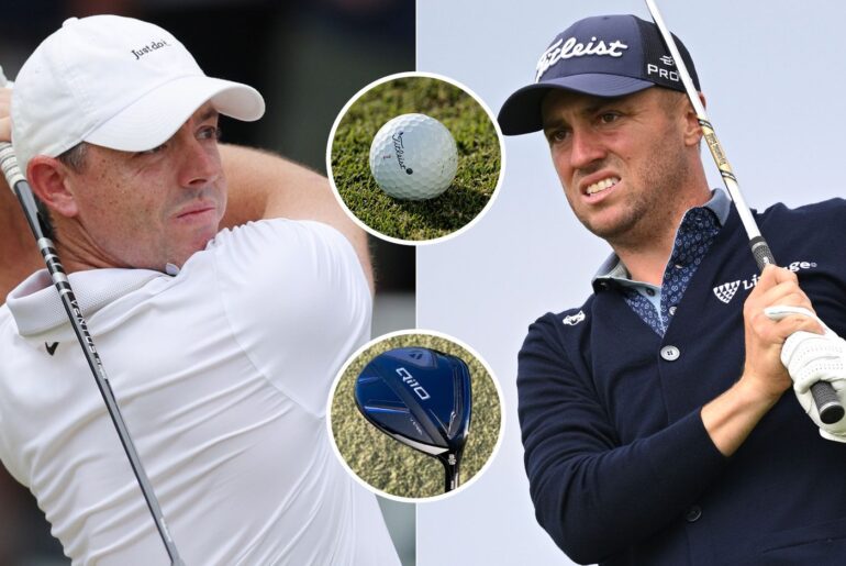 Rory McIlroy and Justin Thomas watch golf shots, with golf ball and fairway wood in a circle