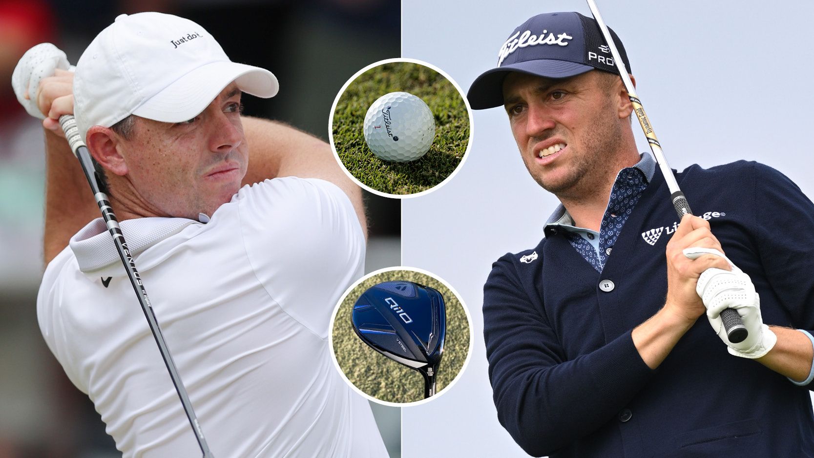 The 4 Brands Who Dominated These Key Equipment Categories On The PGA Tour In 2025 Rory McIlroy and Justin Thomas watch golf shots, with golf ball and fairway wood in a circle