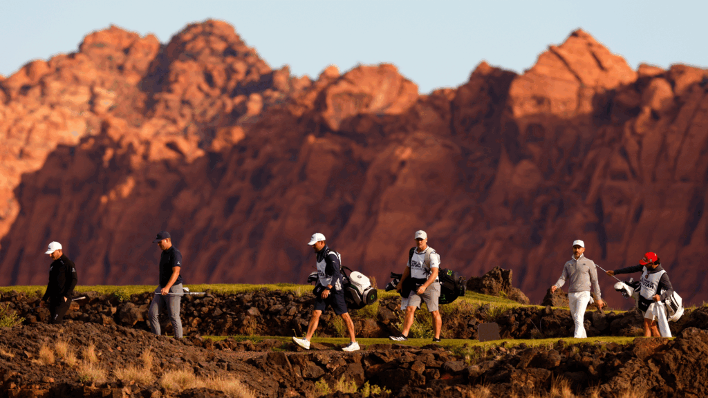 Emiliano Grillo, Luke List and Camilo Villegas walk from the first tee during the first round of the Bank of Utah Championship 2025