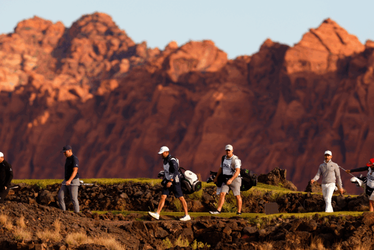 Emiliano Grillo, Luke List and Camilo Villegas walk from the first tee during the first round of the Bank of Utah Championship 2025