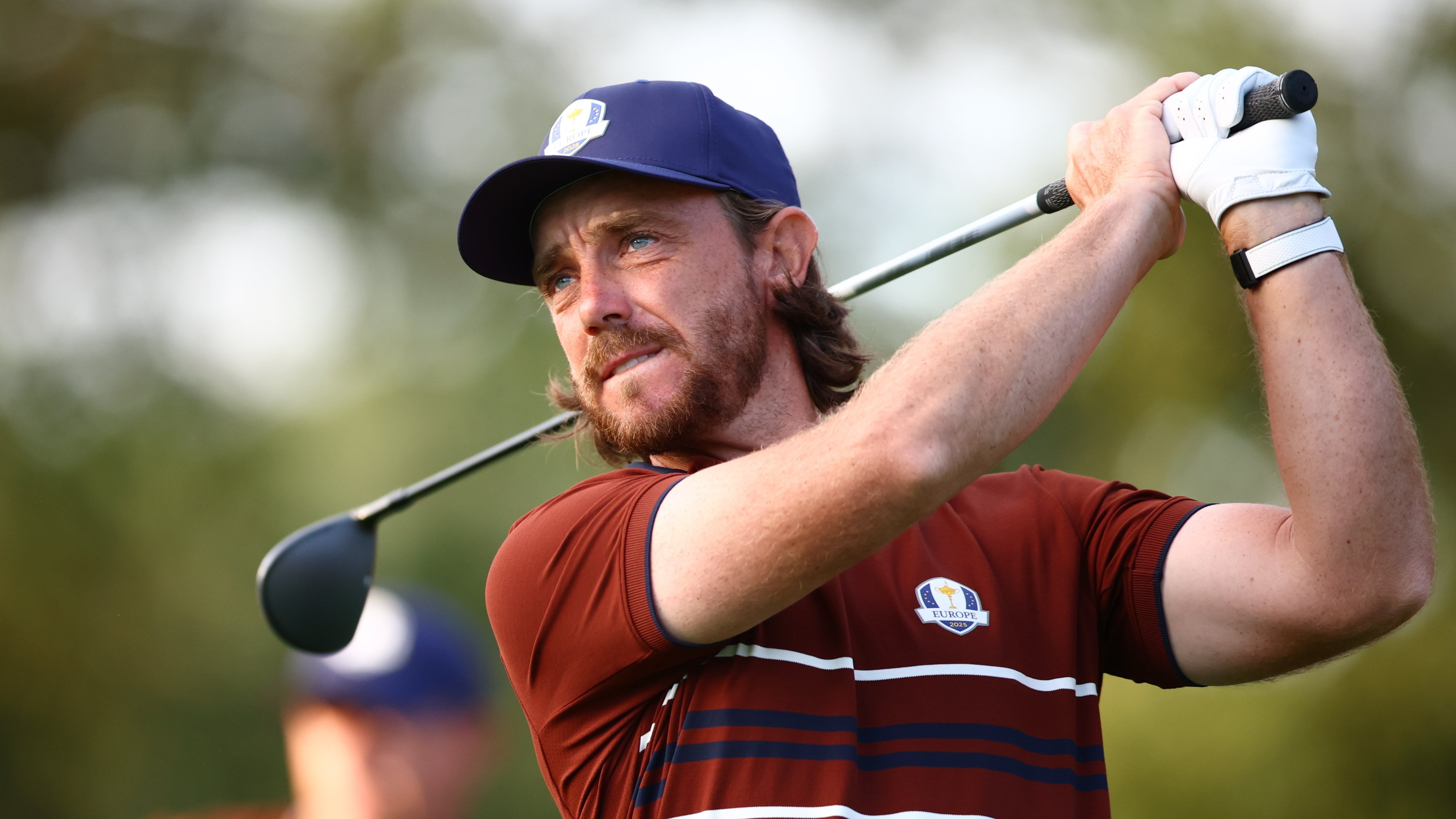 New York , United States - 27 September 2025; Tommy Fleetwood of Europe watches his tee shot on the second hole during the morning foursomes on day two of the 2025 Ryder Cup at Black Course at Bethpage State Park Golf Course in Farmingdale, New York, USA. (Photo By Vaughn Ridley/Sportsfile via Getty Images)