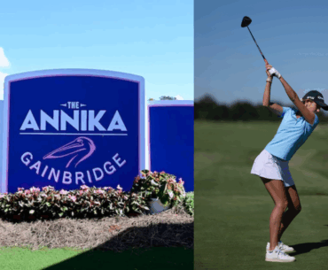 he ANNIKA driven by Gainbridge sign at Pelican Golf Club in Belleair, and a golfer taking a swing on the course under clear skies.