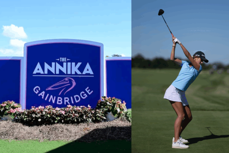 he ANNIKA driven by Gainbridge sign at Pelican Golf Club in Belleair, and a golfer taking a swing on the course under clear skies.