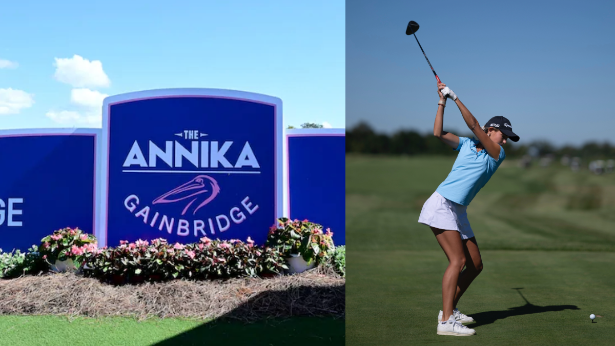 Kai Trump to make LPGA debut at Tampa Bay’s ANNIKA tournament he ANNIKA driven by Gainbridge sign at Pelican Golf Club in Belleair, and a golfer taking a swing on the course under clear skies.
