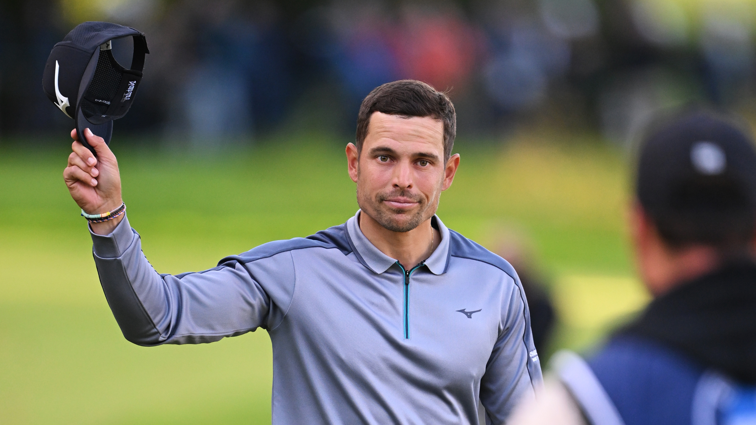 Adrien Saddier acknowledges the fans at the BMW PGA Championship