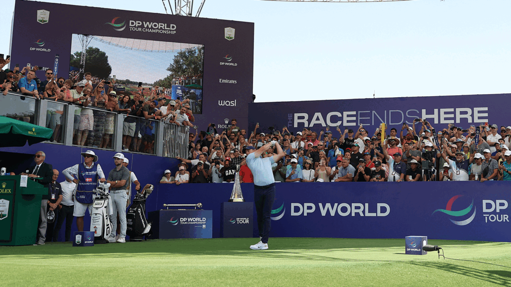 Rory McIlroy tees off during the final round of the 2025 DP World Tour Championship