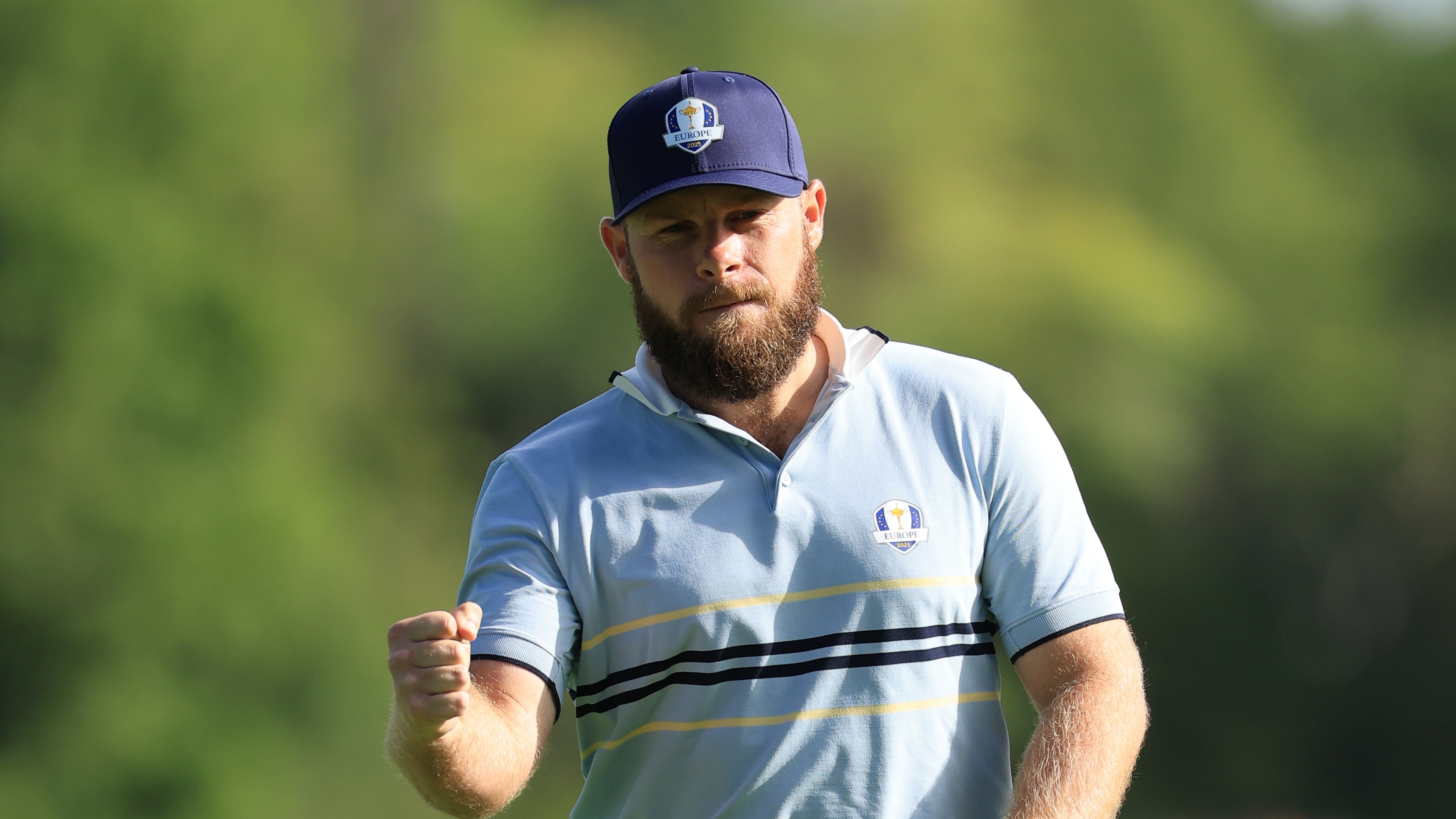 Tyrrell Hatton of Europe celebrates a birdie on the 12th hole during the Friday morning foursomes matches of the 2025 Ryder Cup at Black Course at Bethpage State Park Golf Course on September 26, 2025 in Farmingdale, New York