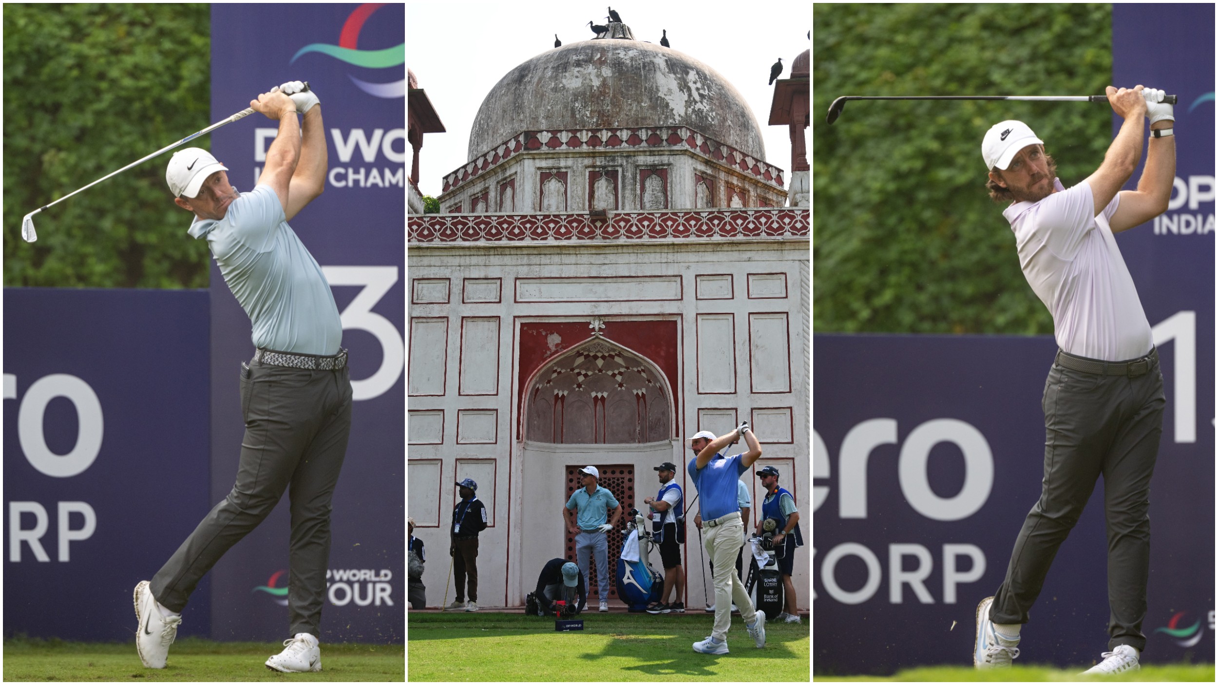 Rory McIlroy and Tommy Fleetwood both hitting tee shots at the DP World India Championship in Delhi