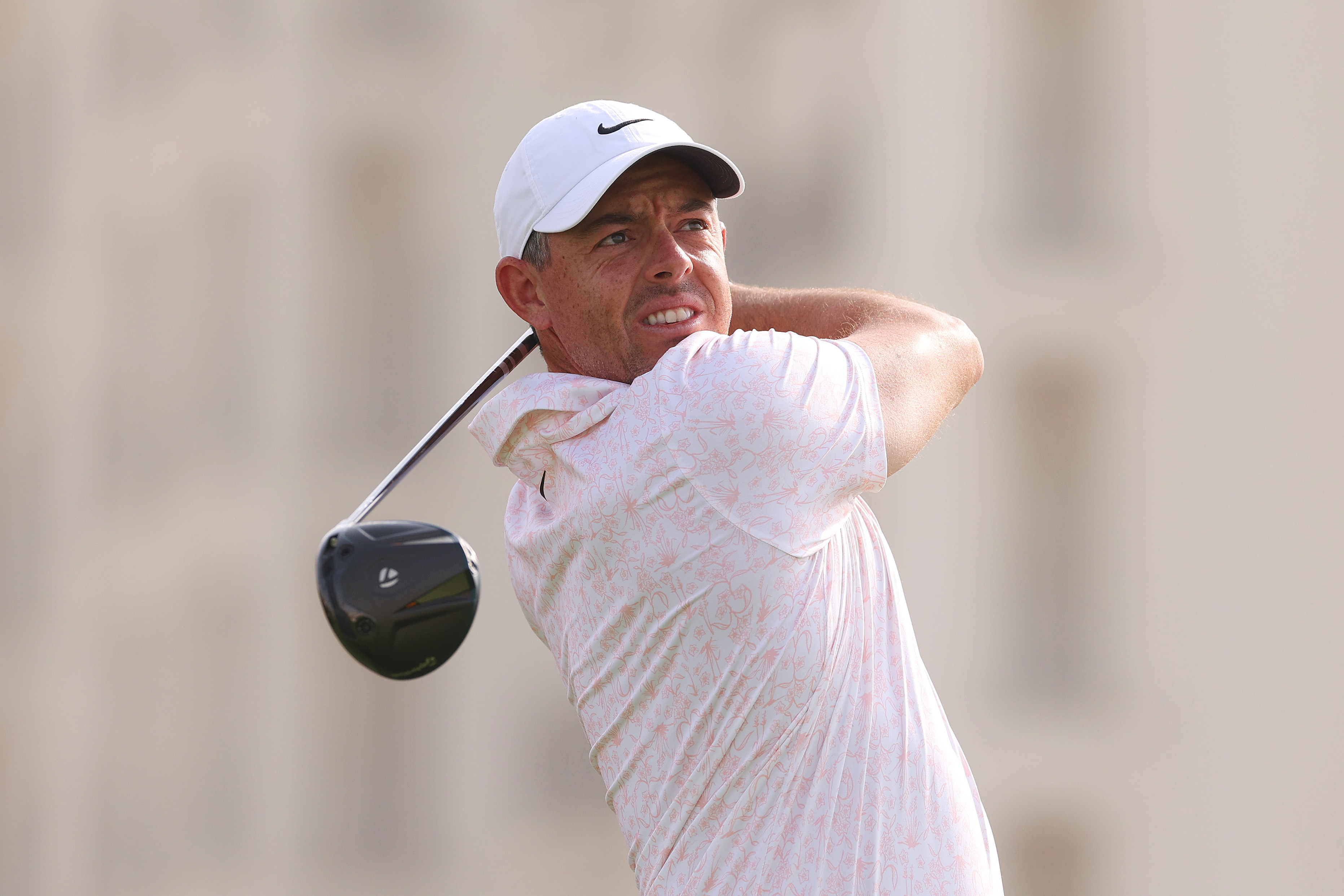 Rory McIlroy holds his finish on a drive