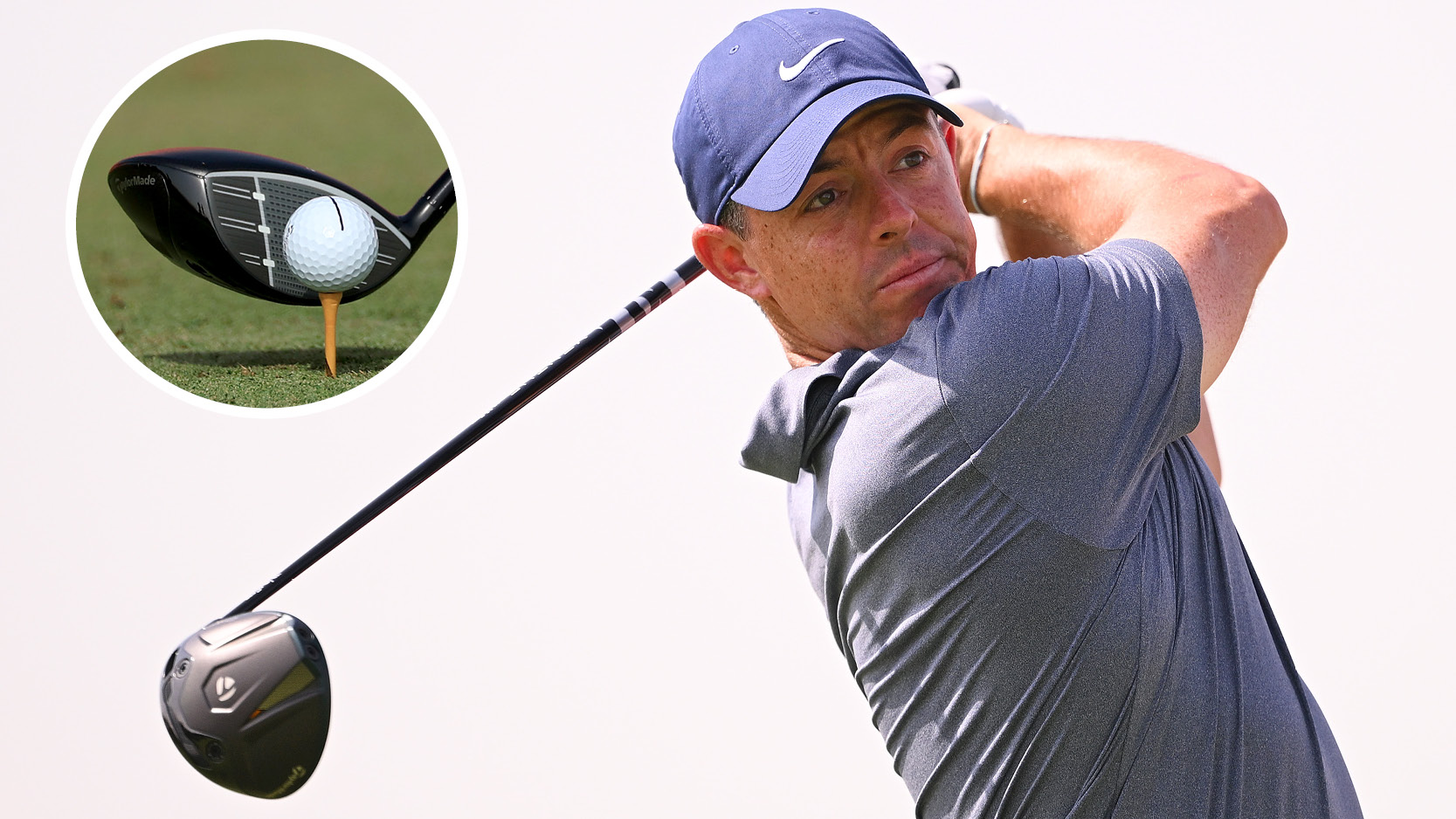 Rory McIlroy hits a driver off the tee and a close-up of the driver