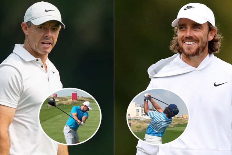 Rory McIlroy and Tommy Fleetwood both smile, with various pictures in circles