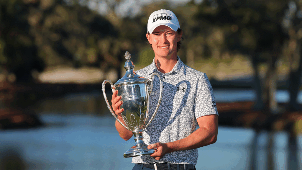 Maverick McNealy poses with the RSM Classic trophy in 2024