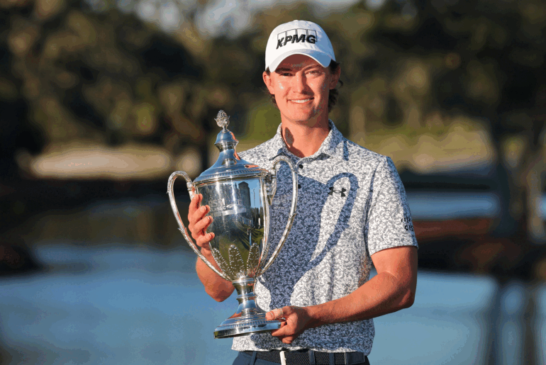 Maverick McNealy poses with the RSM Classic trophy in 2024