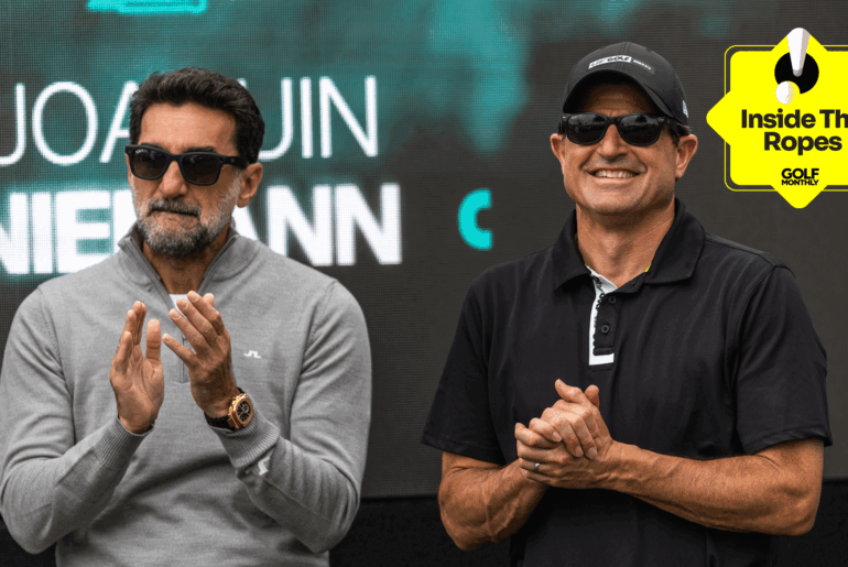Yasir Al-Rumayyan and Scott O'Neil clap Joaquin Niemann during LIV Golf Miami 2025