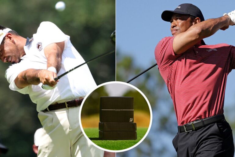 Jason Day and Tiger Woods hit drivers off the tee, with a circle showing new Bridgestone golf balls