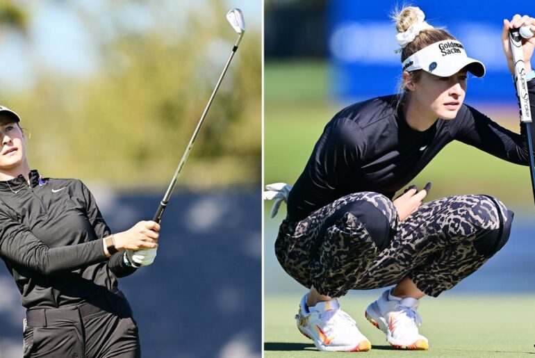 Nelly Korda hits an iron shot and lines up a putt