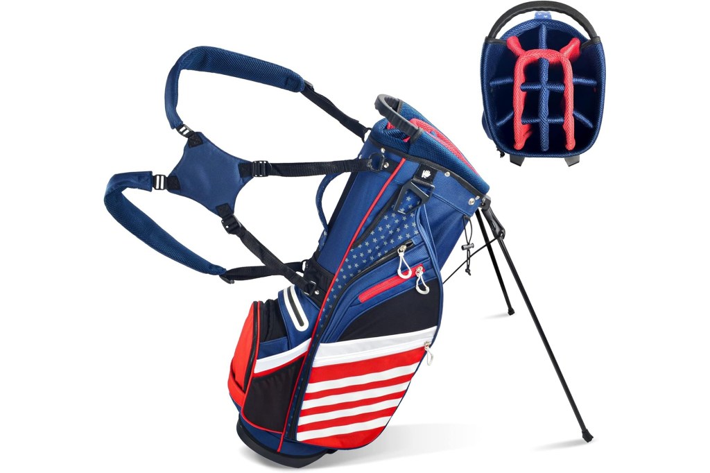 A blue, red, and white golf stand bag with an American flag pattern, shown with a top-down view of its red-lined interior.