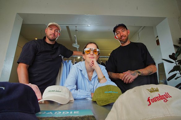 From left: Lance Peach, Ellen Keillar and Dale (Daisy) Thomas, creators of Found Golf, at the pop-up fashion store in Fitzroy.