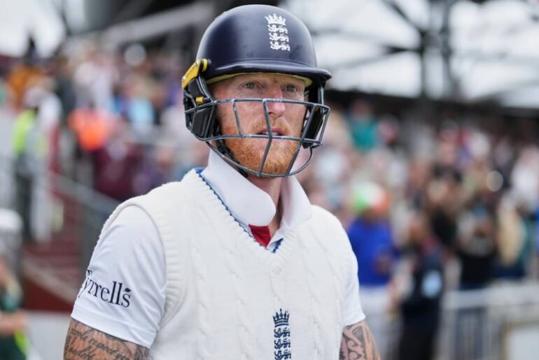 Ben Stokes walks out to bat on the fifth day of the Manchester Test